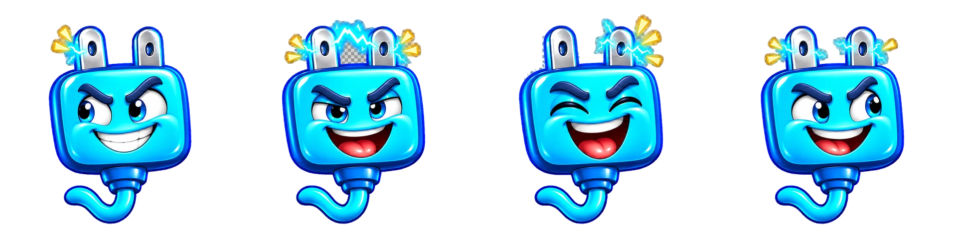A mischievous plug laughing with moving eyes and electrical sparks
